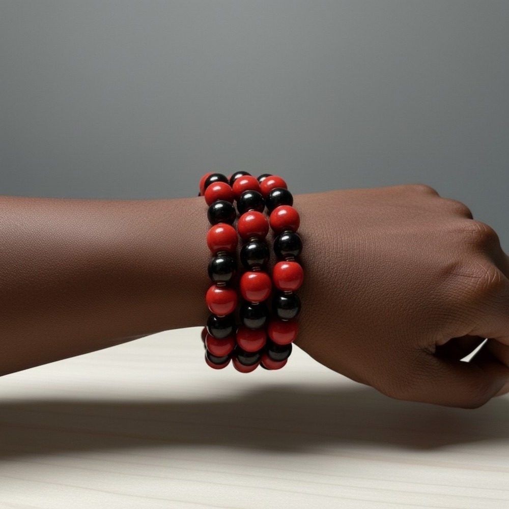 Hematite & Red Bead Memory Wire Wrap Bracelet Gold Tone Stack Statement